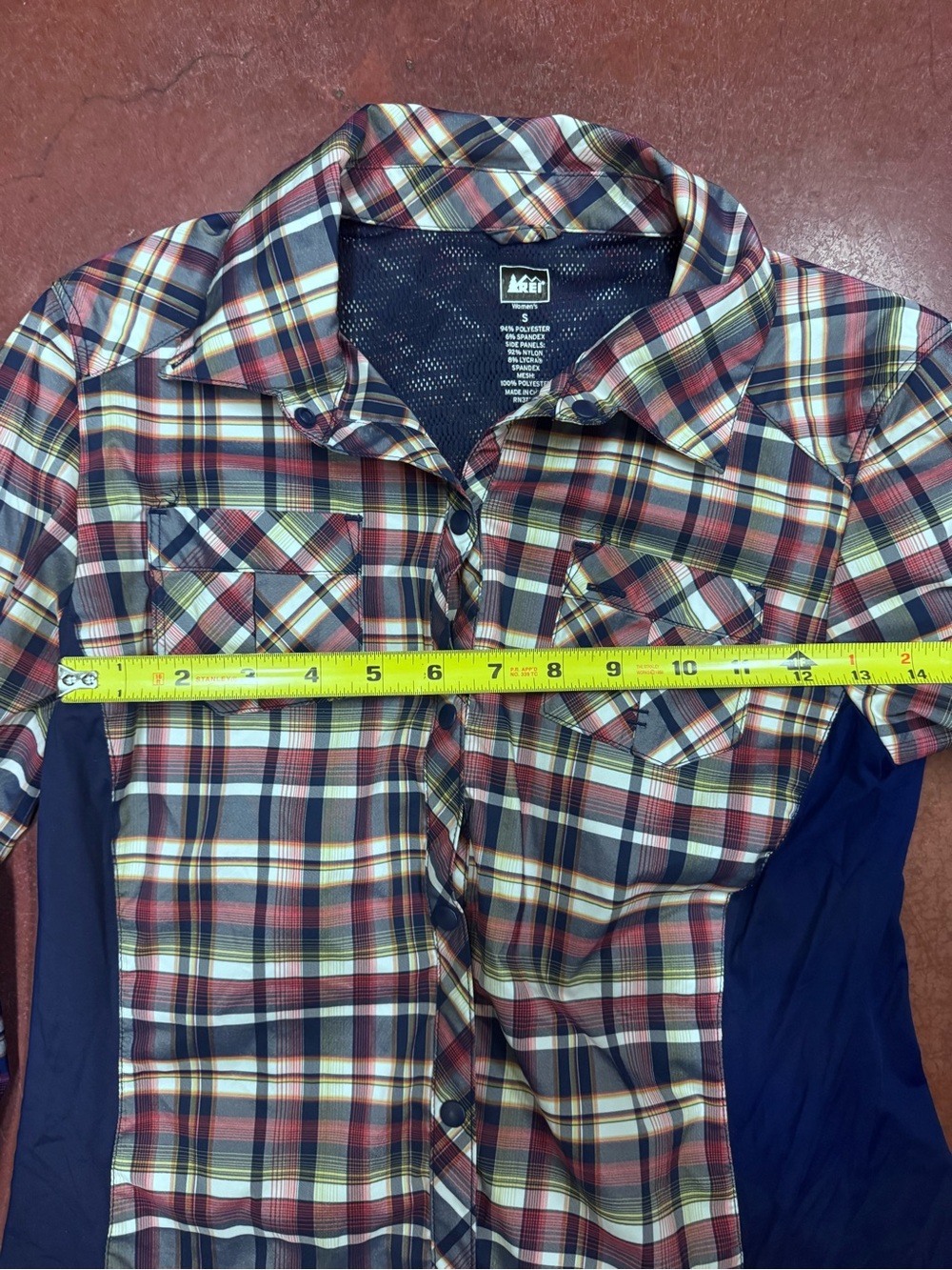 REI Red Navy Cream Plaid Button-Down Shirt with Navy Side Panels - Picture 2 of 4